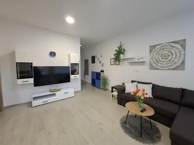 a living room with a black couch and a tv at Prenočišča Dany APARTMA 2 in Dravograd