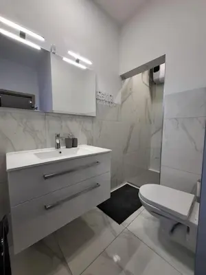 a white bathroom with a sink and a toilet at Prenočišča Dany APARTMA 2 in Dravograd