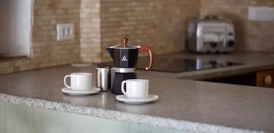 a coffee maker and two cups on a kitchen counter at Room for 2 - Pri B'zjak in Kobarid