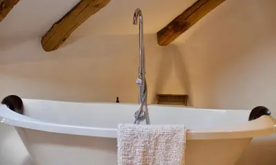 a bathroom with a bath tub with a faucet at Room for 2 - Pri B'zjak in Kobarid