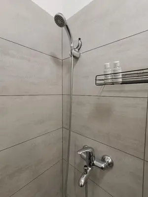 a shower with a shower head in a bathroom at SiJu loft bed in Postojna