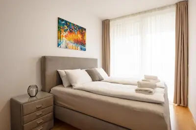 a bedroom with a large bed with a window at Apartma Masada in Maribor