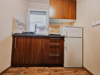 a kitchen with a white refrigerator and wooden cabinets at Holiday home Pandora in Brežice