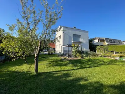 a white house with a tree in a yard at Ljubljana Garden Apartment - Free Parking in Ljubljana