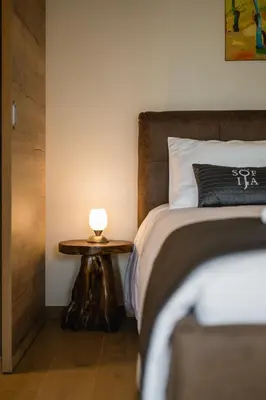 a bedroom with a bed and a table with a lamp at Villa Sofija in Kojsko