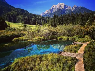 a pool of water with mountains in the background at Apartments Demec in Kranjska Gora