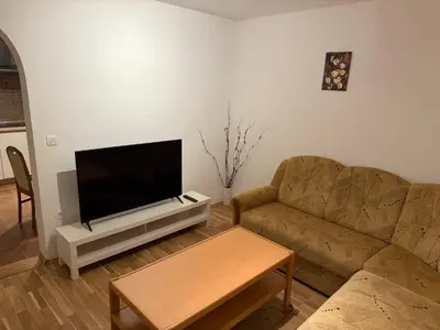 a living room with a couch and a flat screen tv at Apartments Demec in Kranjska Gora