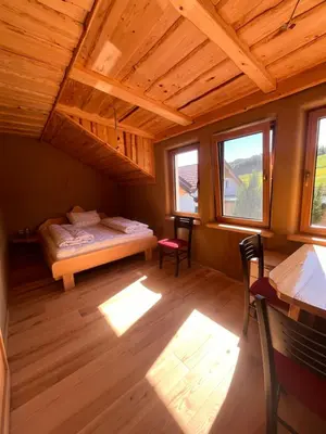 a bedroom with a bed and two chairs in a room at Ethno holistic village Apače in Apače