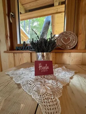 a vase of flowers on a table in a room at Tree house - Ethno holistic village Apače in Apače