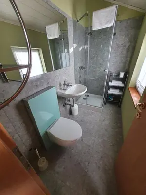 a bathroom with a toilet and a sink and a shower at The Blue House in Tolmin