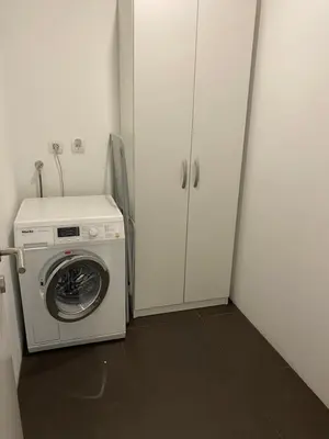 a laundry room with a washing machine and a cabinet at TiliaStay in Ljubljana