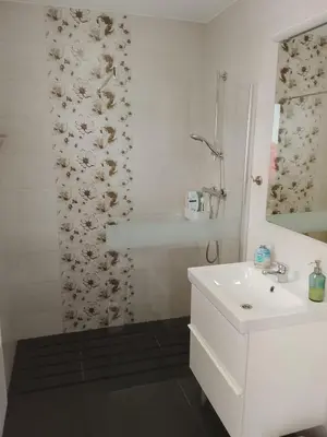 a white bathroom with a sink and a shower at Emma's Holiday Home in Brežice