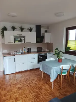 a kitchen with white cabinets and a table with chairs at Emma's Holiday Home in Brežice