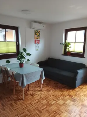 a living room with a couch and a table at Emma's Holiday Home in Brežice