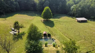 an aerial view of a farm with a barn and a pond at Apartmaji Beli Jelen