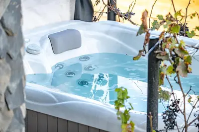 a jacuzzi tub sitting in a yard with trees at Hill Stars House in Straža
