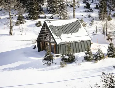 an overhead view of a small cabin in the snow at Chalet Aurora