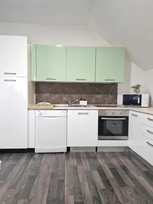 a kitchen with white appliances and green cabinets at Vila Marina in Prestranek