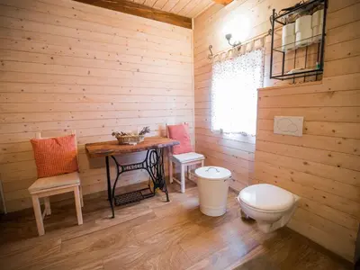 a bathroom with a toilet and a wooden wall at Serene Rustic Haven Holiday Home with Sauna - Two Bedroom Holiday Home with Sauna in Bistrica ob Sotli