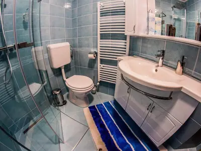 a bathroom with a toilet and a sink and a shower at Riverside Pines Luce Apartments with Balcony - Two Bedroom Apartment with Balcony in Luče