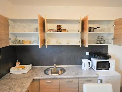 a kitchen with a sink and a microwave at Relax and Rustic Apartments with Terrace - Standard One Bedroom Apartment with Terrace in Brežice