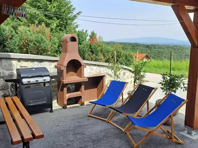 a group of chairs and a grill and a stove at Relax and Rustic Apartments with Terrace - Standard One Bedroom Apartment with Terrace in Brežice