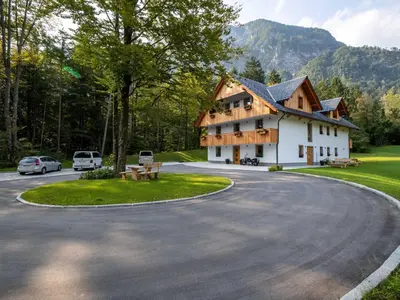 a house in the middle of a driveway at The Woodland Nook Apartments Bohinj - One Bedroom Apartment with Balcony in Bohinj