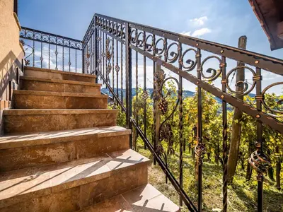 a set of stairs with a wrought iron fence at Serene Hollow Holiday Home with Mountain View - Two Bedroom Holiday Home with Mountain View in Cerklje ob Krki