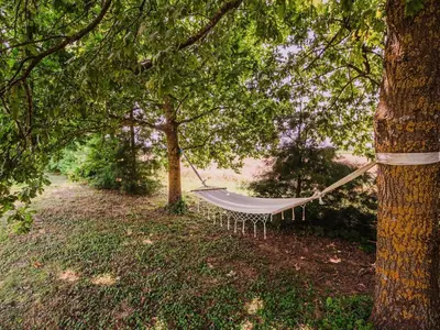 a hammock hanging from a tree in a field at Stunning Rural Holiday Home with Garden and BBQ - Four Bedroom Holiday Home in Brežice