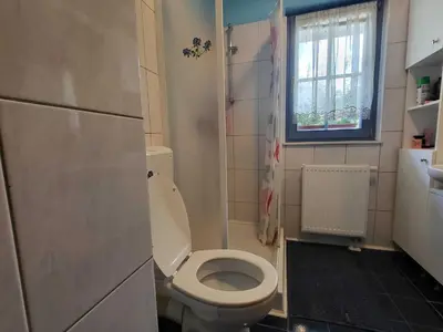 a small bathroom with a toilet and a window at Bovec Comfortable Apartment with Mountain View - One Bedroom Apartment with Mountain View in Bovec