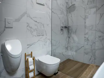 a white bathroom with a toilet and a shower at Three Bedroom Holiday Home with Terrace and Sauna in Tolmin