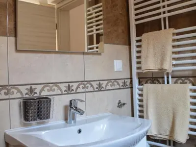 a bathroom with a sink and a mirror and towels at One Bedroom Apartment in Brežice
