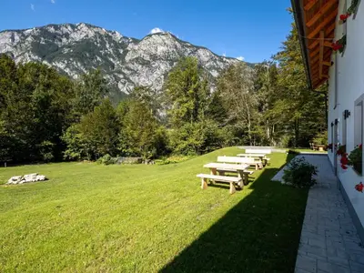 a group of picnic tables in a field with mountains at The Woodland Nook Apartments Bohinj - One Bedroom Apartment in Bohinj