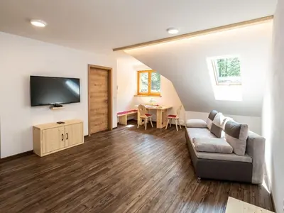 a living room with a couch and a tv at The Woodland Nook Apartments Bohinj - One Bedroom Apartment in Bohinj