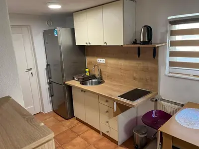 a small kitchen with a sink and a refrigerator at Meadow Tranquil Apartments with Evergreen Garden - Studio Apartment in Žirovnica