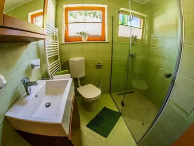 a bathroom with a sink and a shower and a toilet at Riverside Pines Luce Apartments with Balcony - One Bedroom Apartment with Balcony in Luče