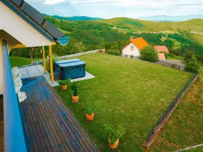 an aerial view of a yard with a house at Secluded Escape Hilltop Villa with Hot-Tub - Two Bedroom Villa with Hot-Tub