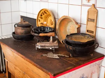 a counter with pots and pans on top of it at Cozy Countryside Retreat Villa with Hot-Tub - Two Bedroom Villa with Hot Tub