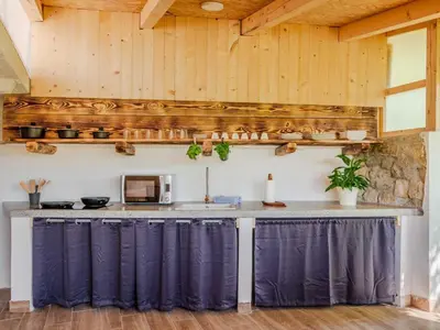 a kitchen with wooden walls and a counter with blue curtains at Nature Hideaway Holiday Homes with Sauna - One Bedroom Holiday Home in Slappe dʼIdria