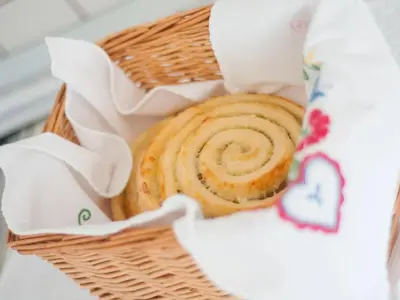 a basket with some bread in it at Sunny Two Bedroom Retreat in Beautiful Bizeljsko - Two Bedroom Country House in Bizeljsko