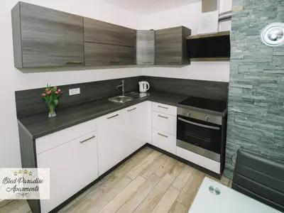 a small kitchen with white cabinets and a sink at Bled Prestigious and Stylish Apartments - Standard Studio Apartment with Terrace in Bled