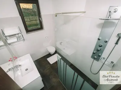 a white bathroom with a sink and a toilet at Bled Prestigious and Stylish Apartments - Standard Studio Apartment with Terrace in Bled