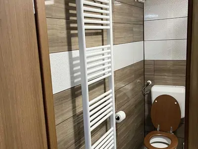 a bathroom with a toilet with a wooden seat at Meadow Tranquil Apartments with Evergreen Garden - One Bedroom Apartment in Žirovnica