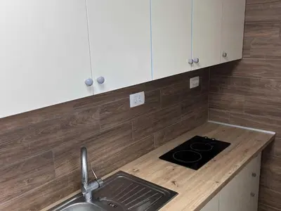 a kitchen counter with a sink and a stove at Meadow Tranquil Apartments with Evergreen Garden - One Bedroom Apartment in Žirovnica