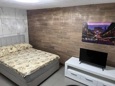 a bedroom with a bed and a flat screen tv at Meadow Tranquil Apartments with Evergreen Garden - One Bedroom Apartment in Žirovnica