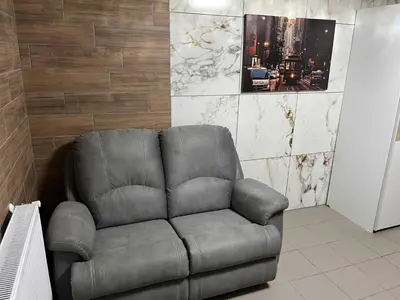 a grey leather couch in a room with a picture at Meadow Tranquil Apartments with Evergreen Garden - One Bedroom Apartment in Žirovnica