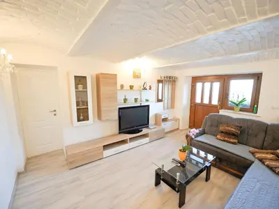 a living room with a couch and a tv at Relax and Rustic Apartments with Terrace - Classic One Bedroom Apartment with Terrace in Brežice