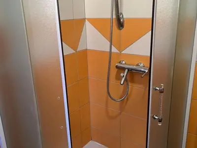 a shower in a bathroom with a tile wall at Meadow Tranquil Apartments with Evergreen Garden - Two Bedroom Apartment in Žirovnica