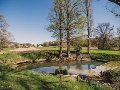 a pond in a park with a bench in the grass at Cozy Luxe Holiday Home with Natural Thermal Bath - Seven Bedroom Holiday Home in Cerklje ob Krki