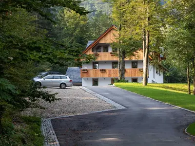 a house with a car parked on the side of a road at The Woodland Nook Apartments Bohinj - Two Bedroom Apartment with Balcony in Bohinj
